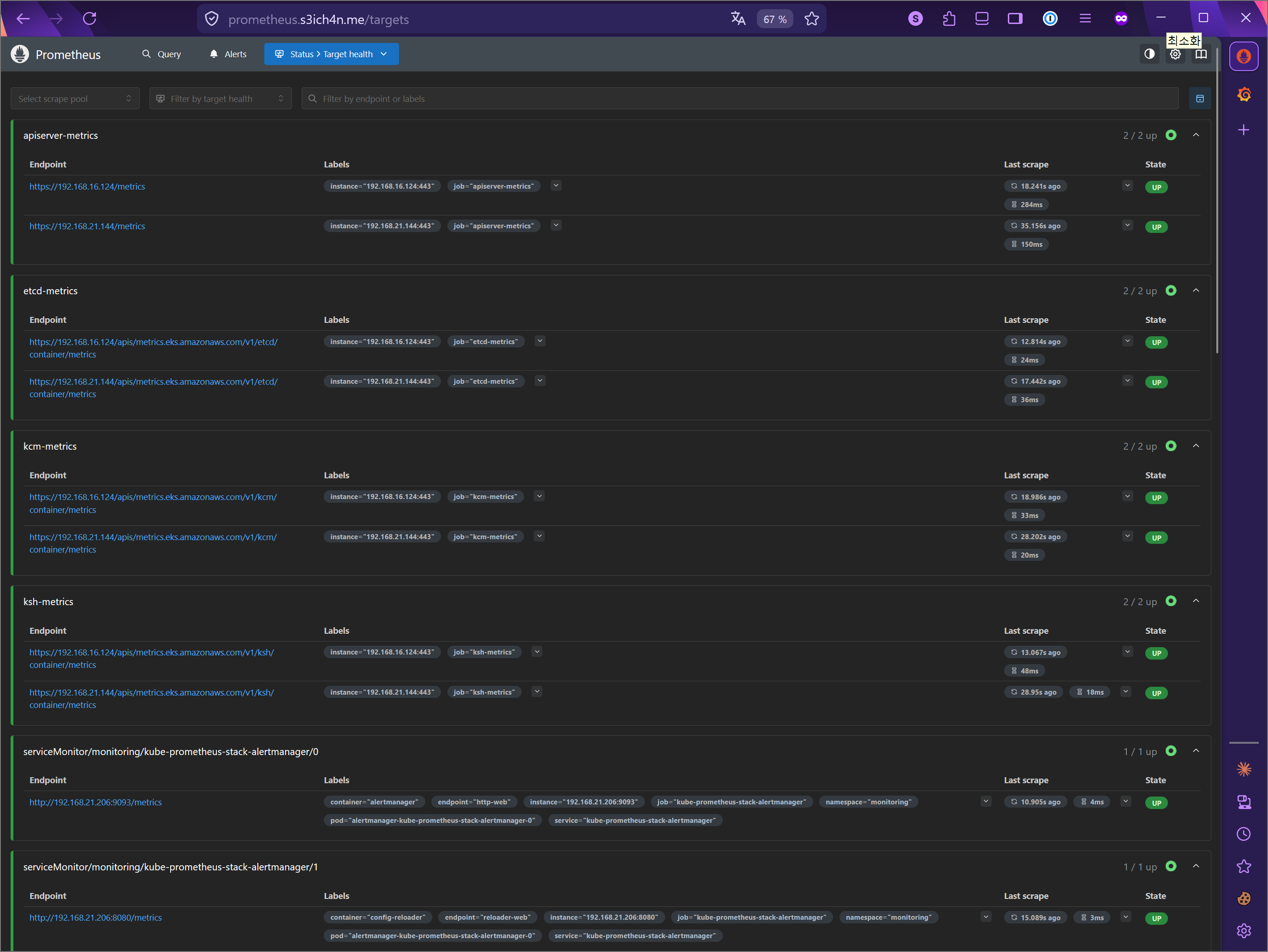 Prometheus Targets - apiserver, etcd, kcm, kch 메트릭 수집 상태 확인