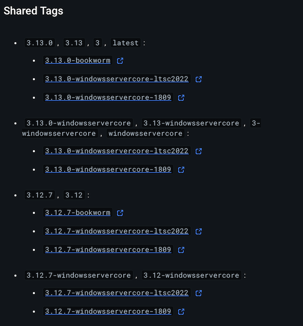 Figure 2. 어떤 파이썬 컨테이너가 있나 살펴봅시다 (shared tags)